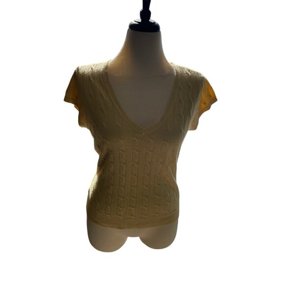 New York & Company Womens V-Neck Cable Knit Short Sleeve Sweater Large Yellow Ac - Picture 7 of 8